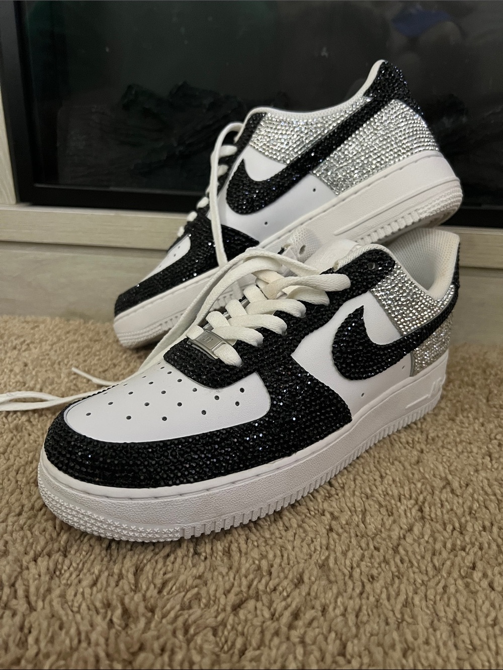 Nike Air Force Ones Women’s White Black Crystal-Embellished Low-Top Sneakers